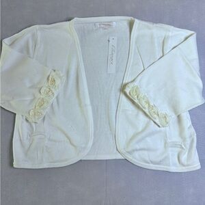 Open Knit Cropped Bolero Shrug Cardigan Top XL Ivory Rosette Short Sleeve